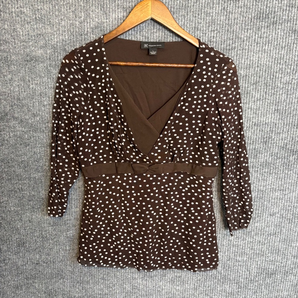 INC International Concepts Brown Polka Dot Wrap Top Size L Y2K Bow 3/4 Sleeve